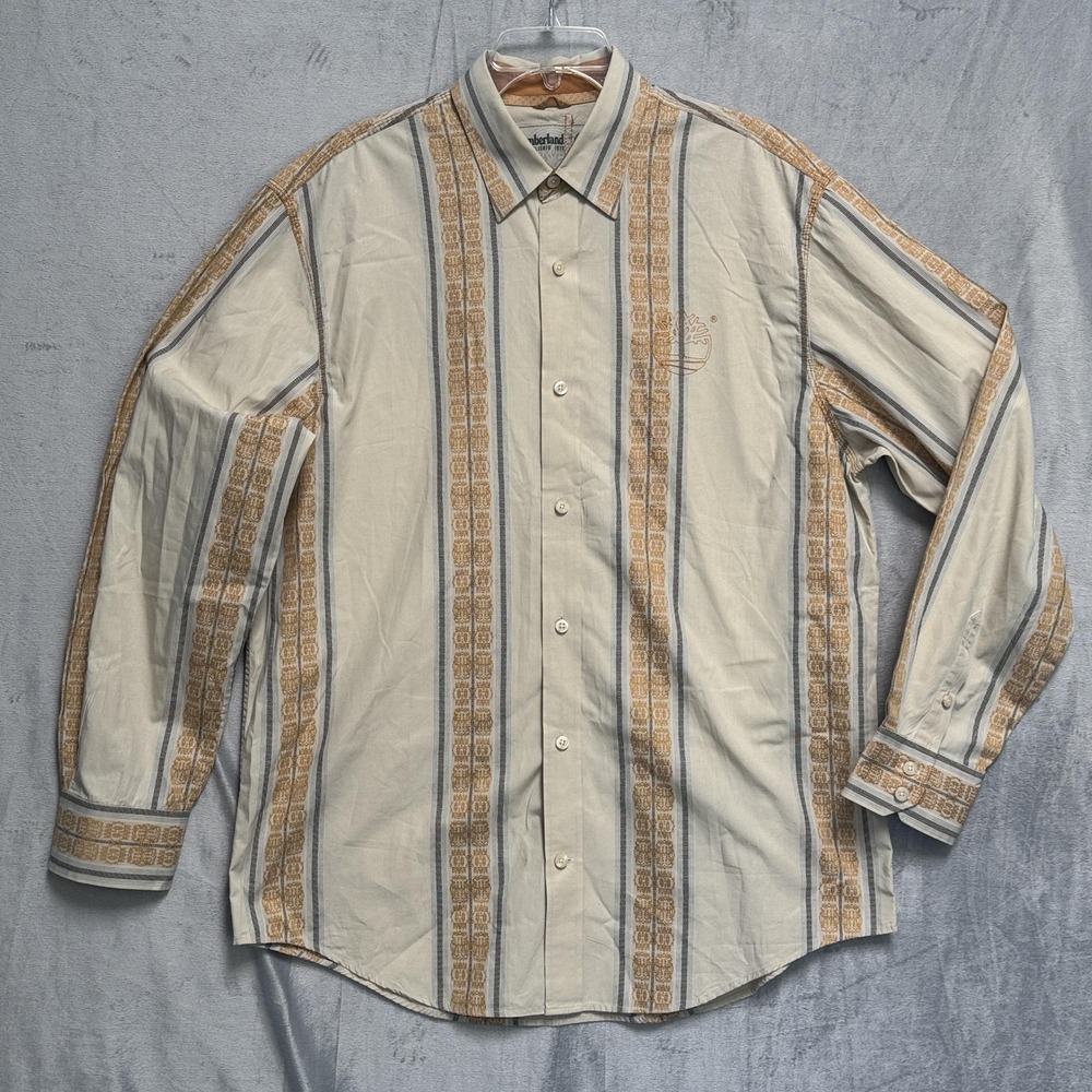Vintage‎ Timberland Shirt Mens XL Beige Tan Striped Button Down Hong Kong 90s